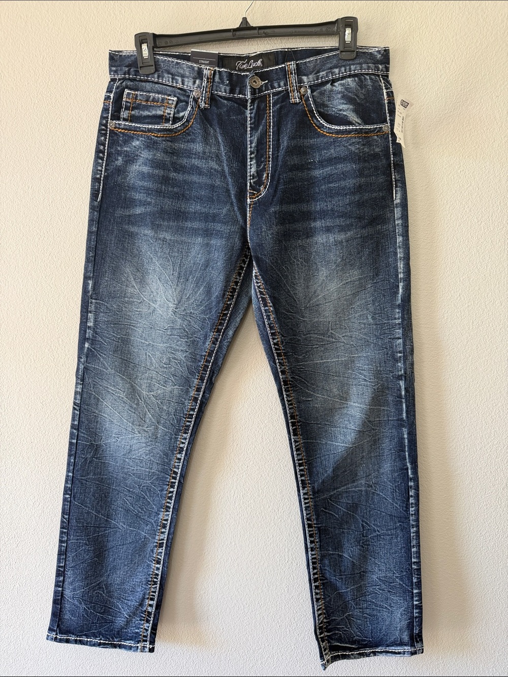 True Luck Men’s Dark Blue Washed Jeans Distressed 36/32 Straight Leg